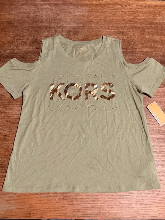 Michael Kors Tops - Michael Kors Olive Green Cold-Shoulder Tee with Gold Logo